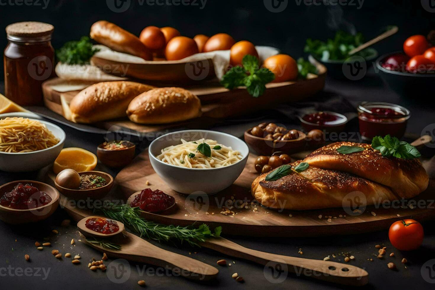 un' varietà di cibo su un' di legno tavola. ai-generato foto