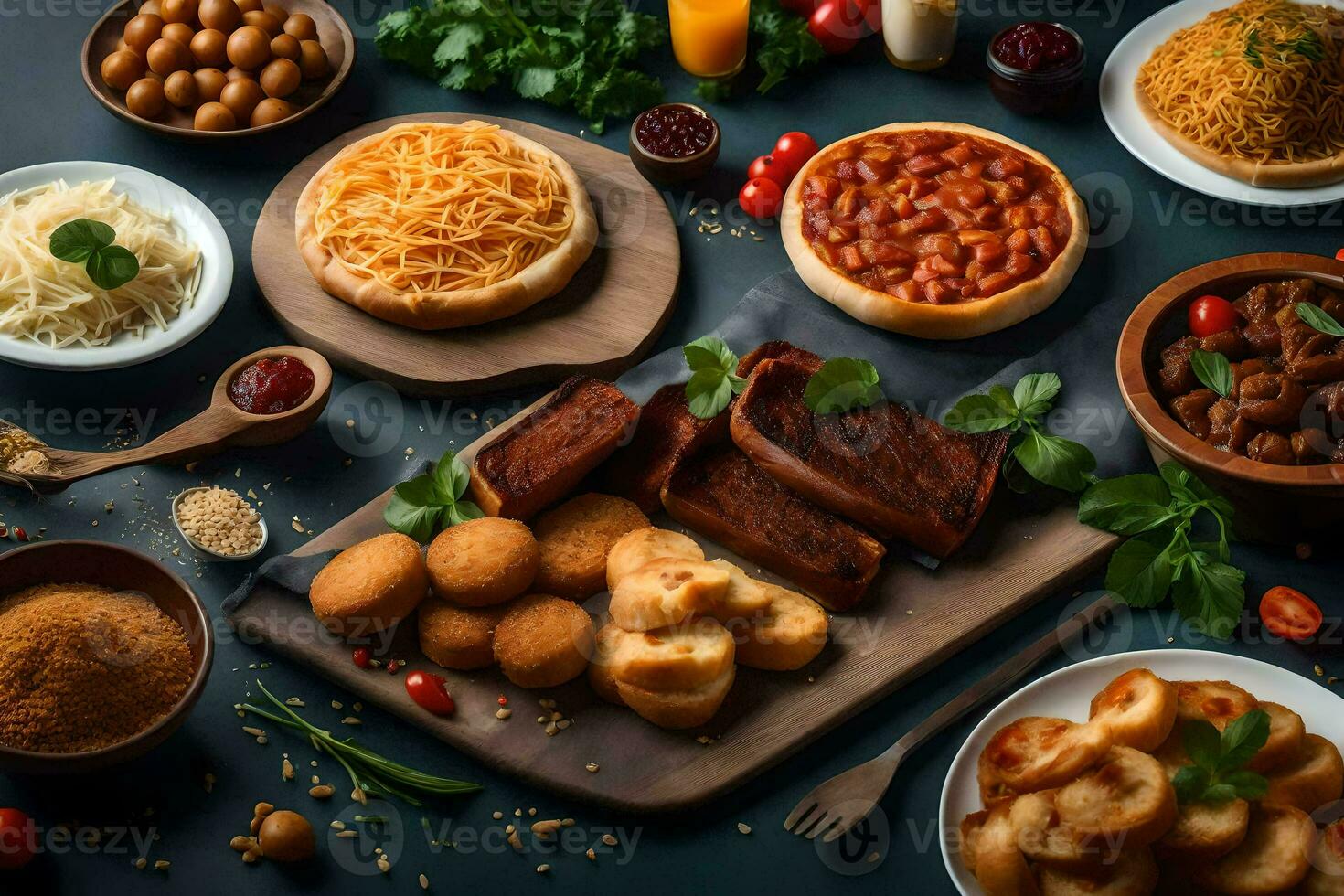 un' varietà di cibo su un' tavolo con pane, carne e verdure. ai-generato foto