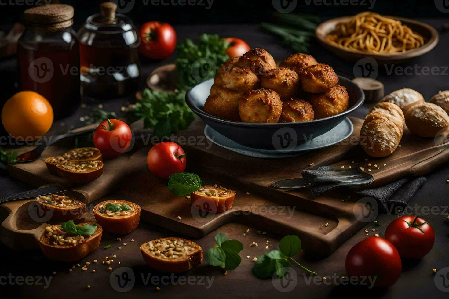 un' ciotola di cibo con pane, pomodori, e altro ingredienti. ai-generato foto