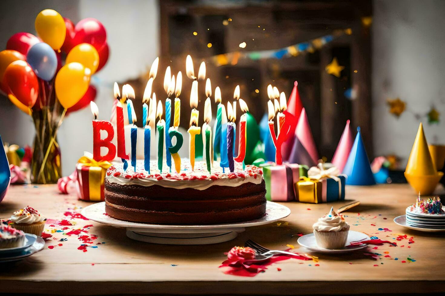 un' compleanno torta con illuminato candele su superiore. ai-generato foto