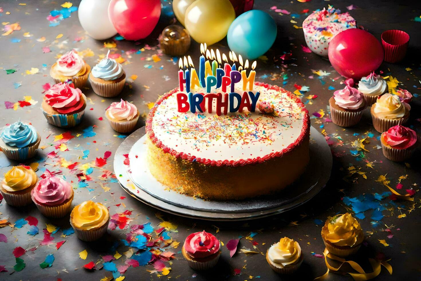 un' compleanno torta con candele e coriandoli. ai-generato foto