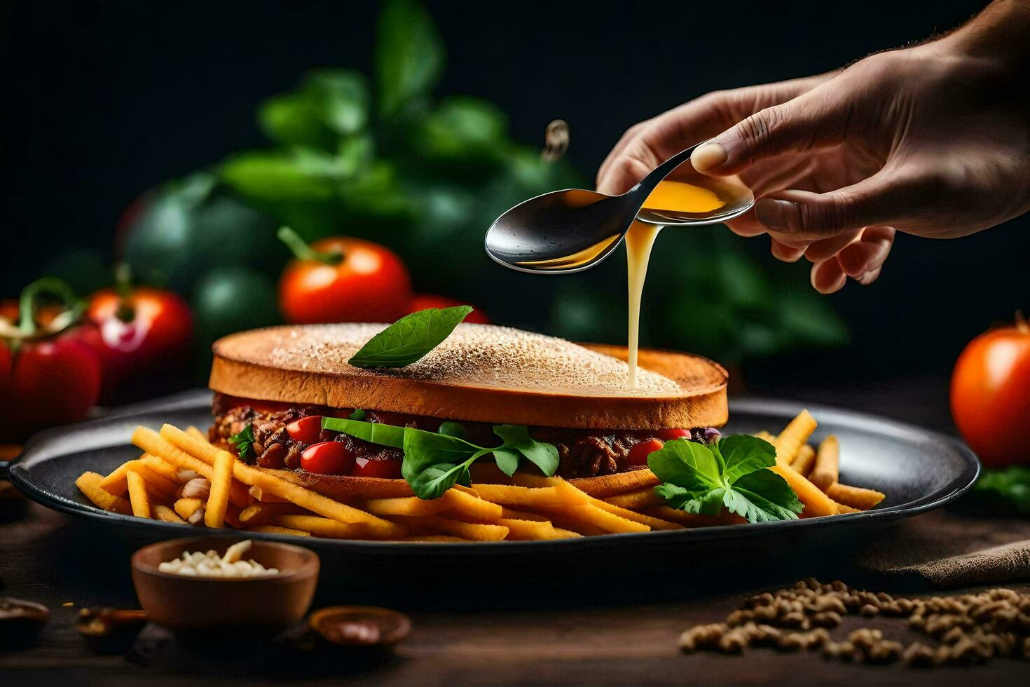 un' persona è scrosciante salsa al di sopra di un' Sandwich e francese patatine fritte. ai-generato foto