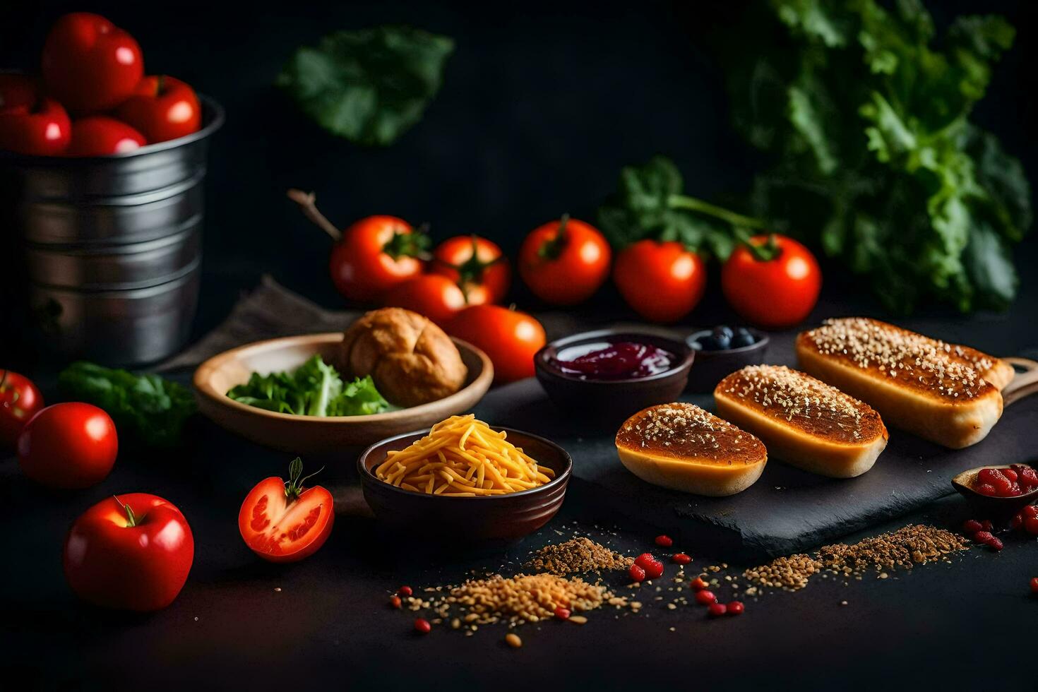 vario ingredienti per un' Sandwich su un' nero sfondo. ai-generato foto