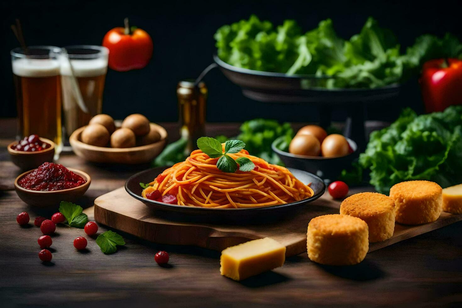 spaghetti con formaggio, pomodori, pane e altro ingredienti. ai-generato foto