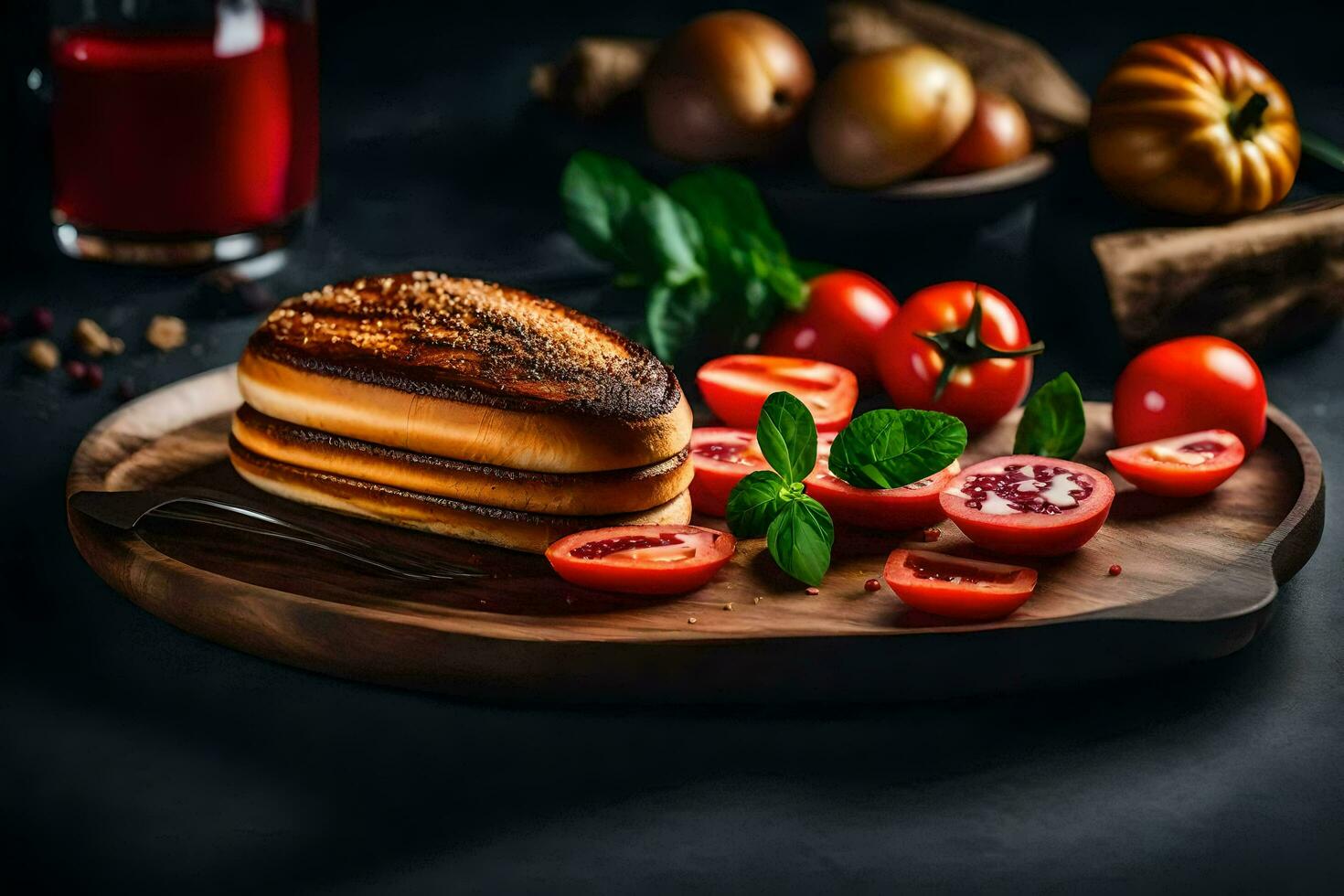 un' Sandwich con pomodori e erbe aromatiche su un' di legno tavola. ai-generato foto