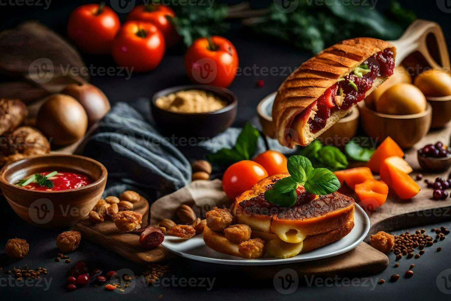 Alimenti su un' tavolo con pane, formaggio, noccioline e verdure. ai-generato foto