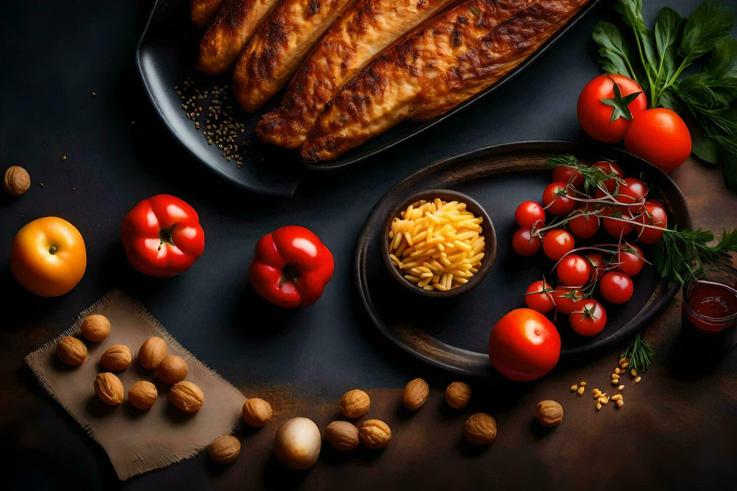 un' padella di cibo con formaggio, pomodori e noccioline. ai-generato foto