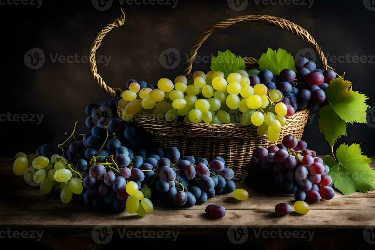 uva nel un' cestino su un' tavolo. ai-generato foto