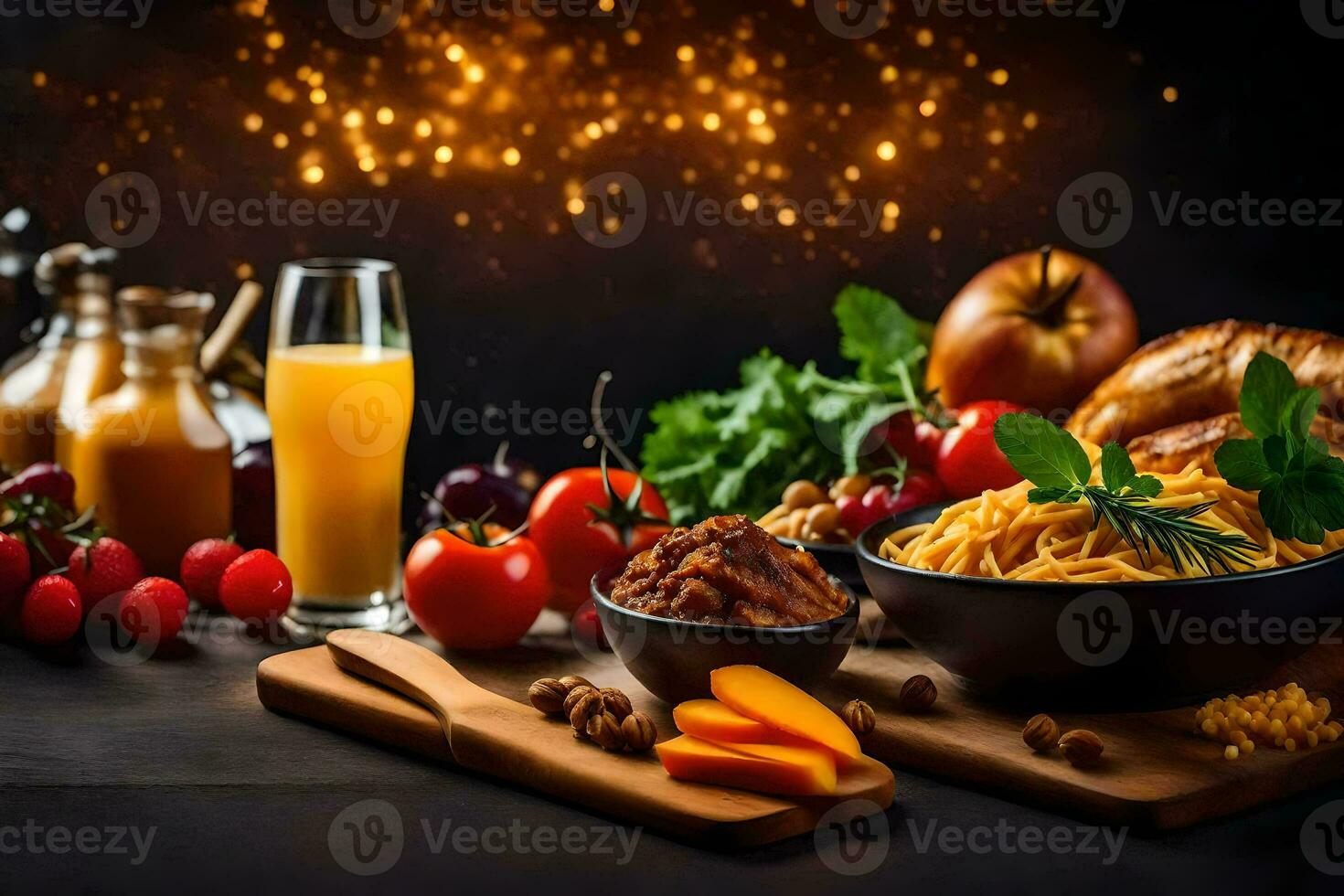 un' tavolo con cibo e bevande, Compreso pasta, verdure e frutta. ai-generato foto