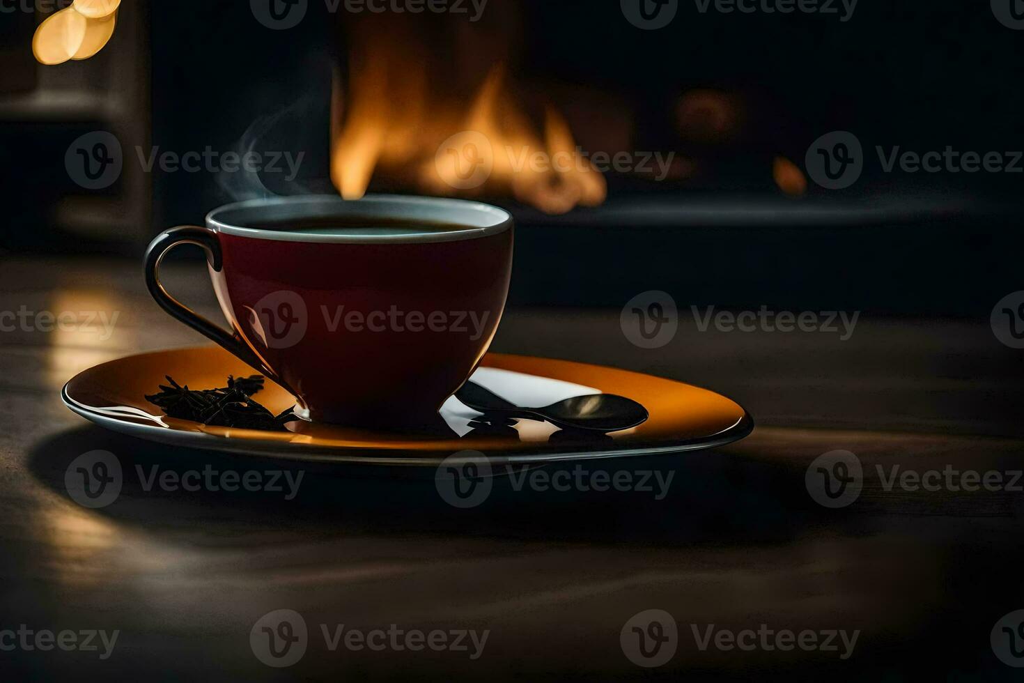 un' tazza di caffè nel davanti di un' il camino. ai-generato foto