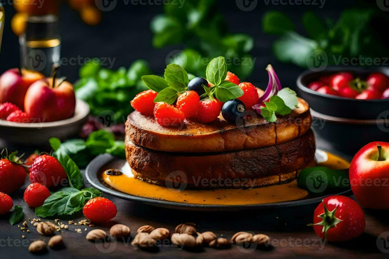 un' pila di francese crostini con frutti di bosco e noccioline. ai-generato foto