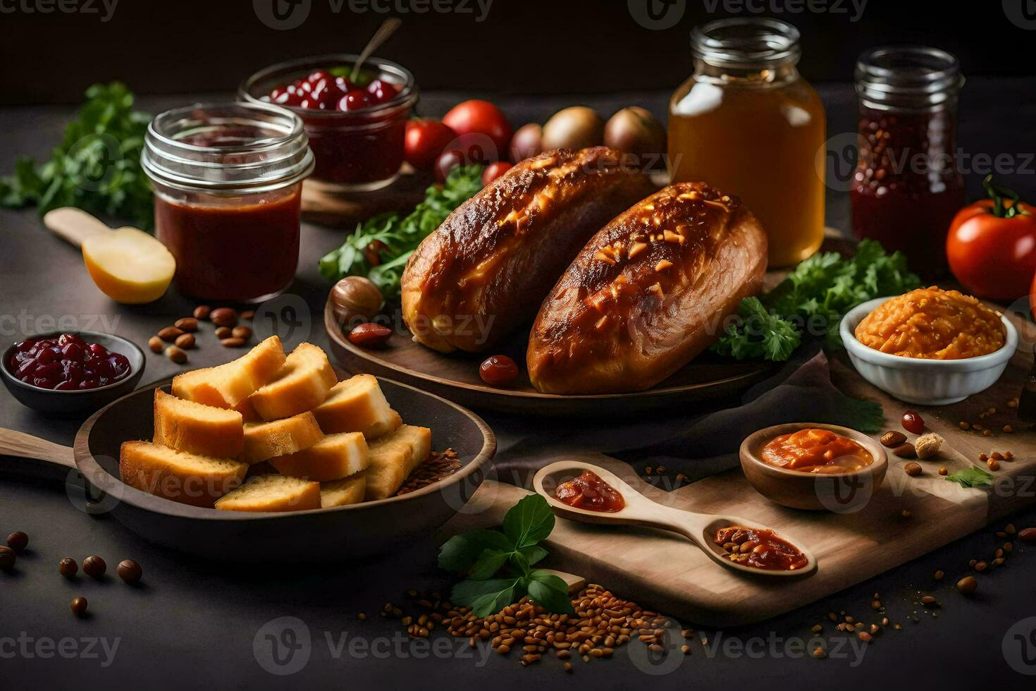 un' tavolo con pane, verdure e altro ingredienti. ai-generato foto