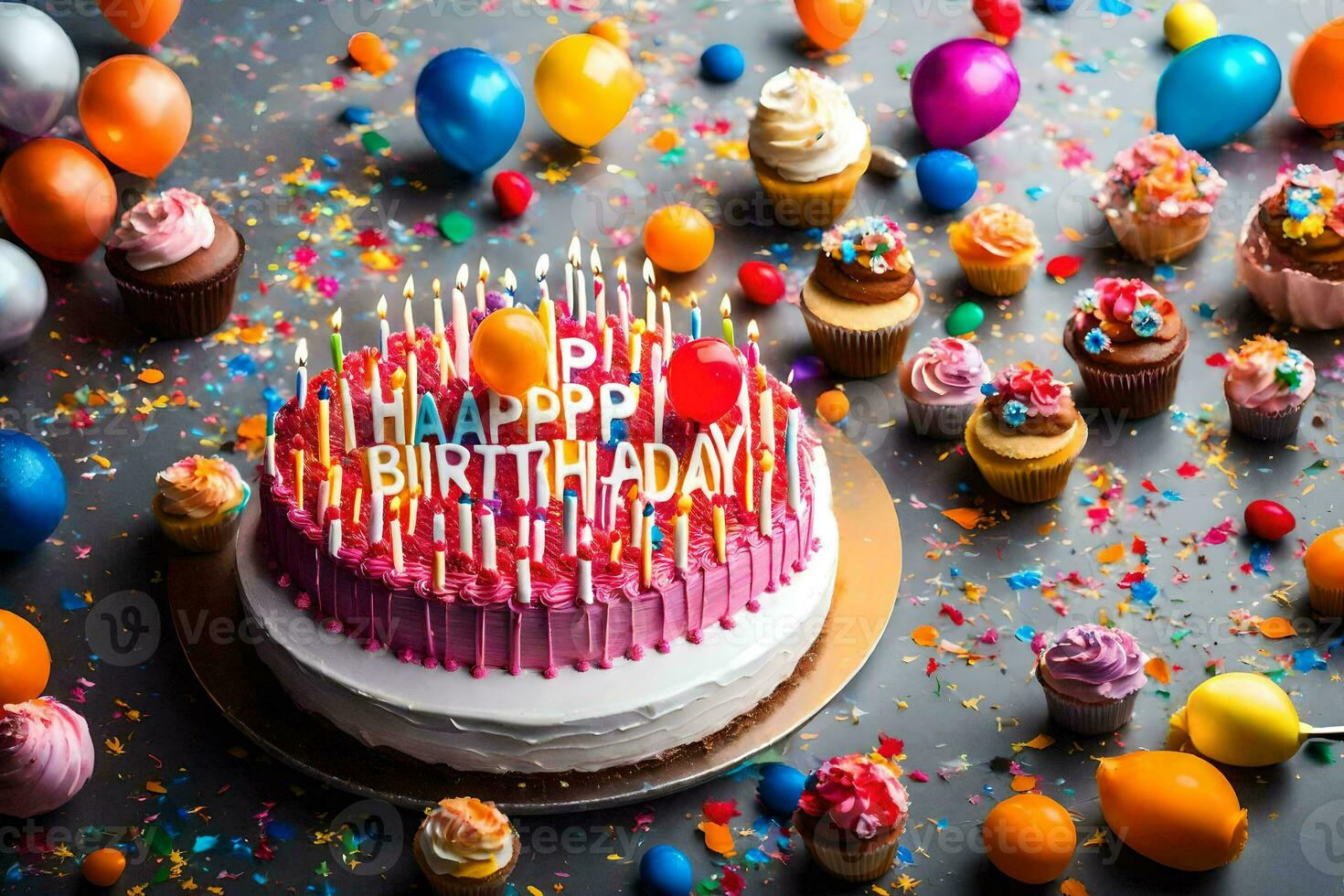 un' compleanno torta con candele e coriandoli. ai-generato foto