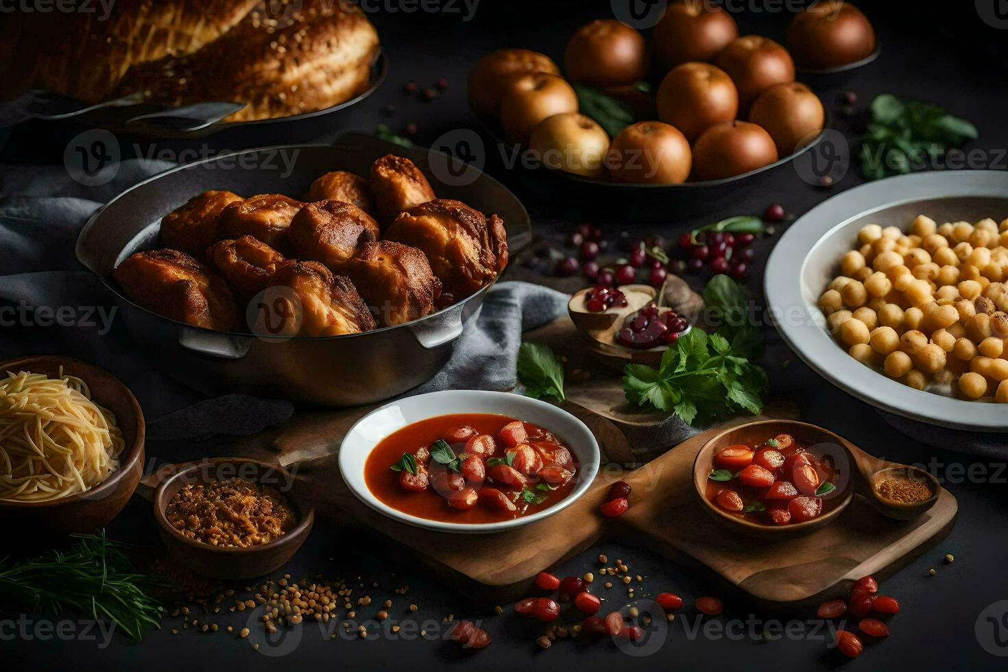 un' varietà di cibo su un' buio tavolo. ai-generato foto