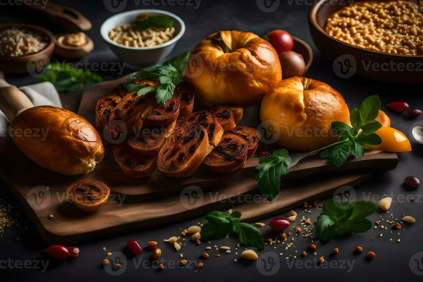 un' di legno taglio tavola con pane, noccioline e spezie. ai-generato foto