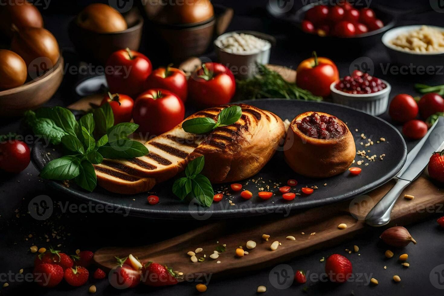 un' piatto con pane, pomodori e altro ingredienti. ai-generato foto