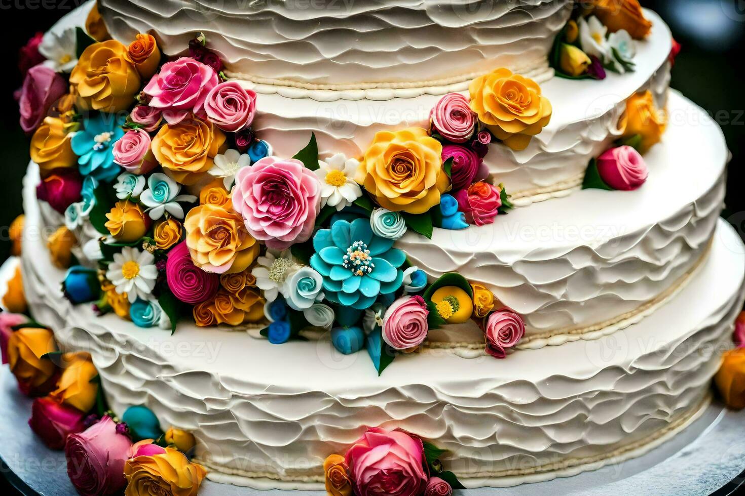 un' nozze torta con colorato fiori su superiore. ai-generato foto