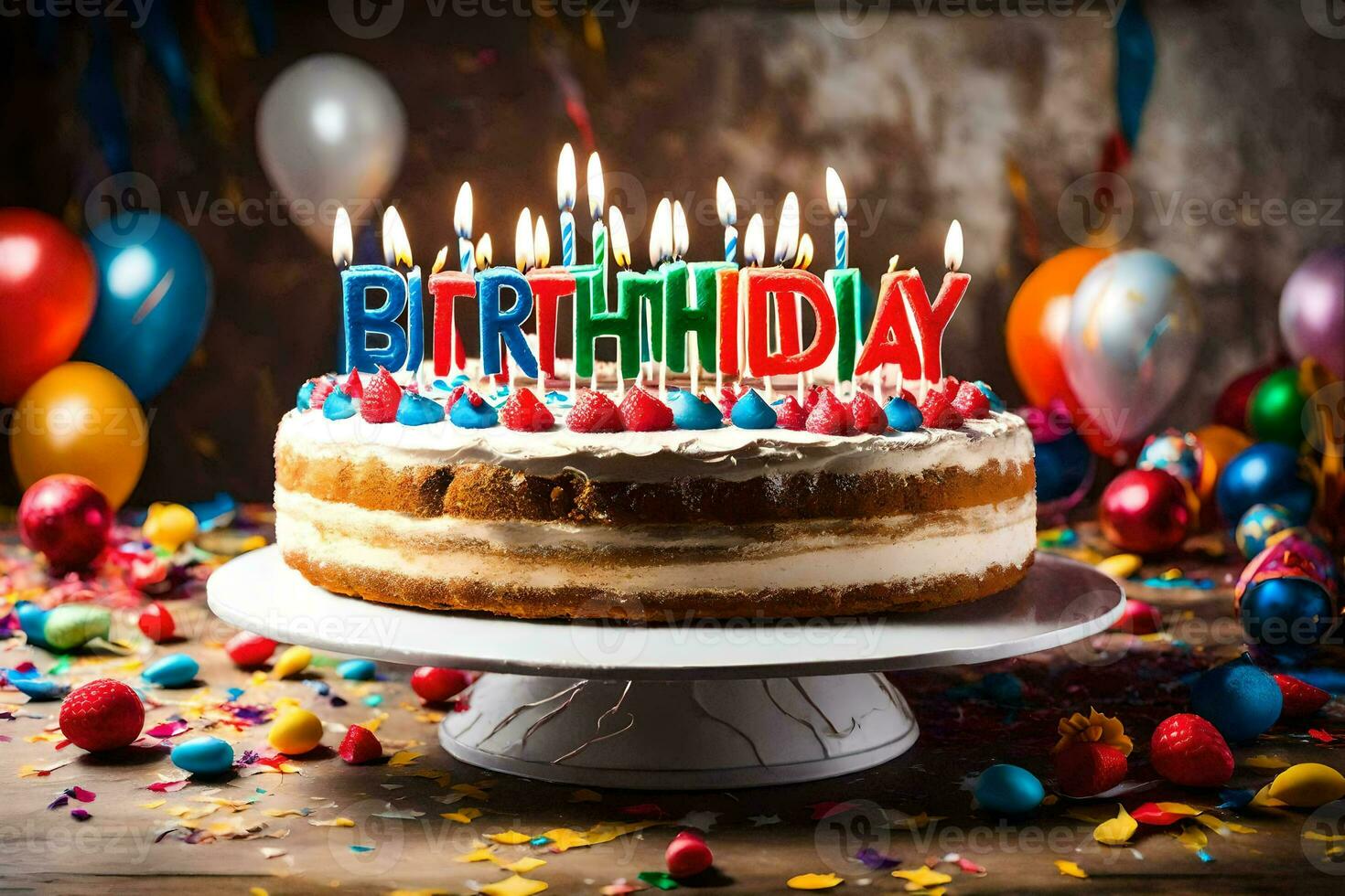 un' compleanno torta con illuminato candele su superiore. ai-generato foto
