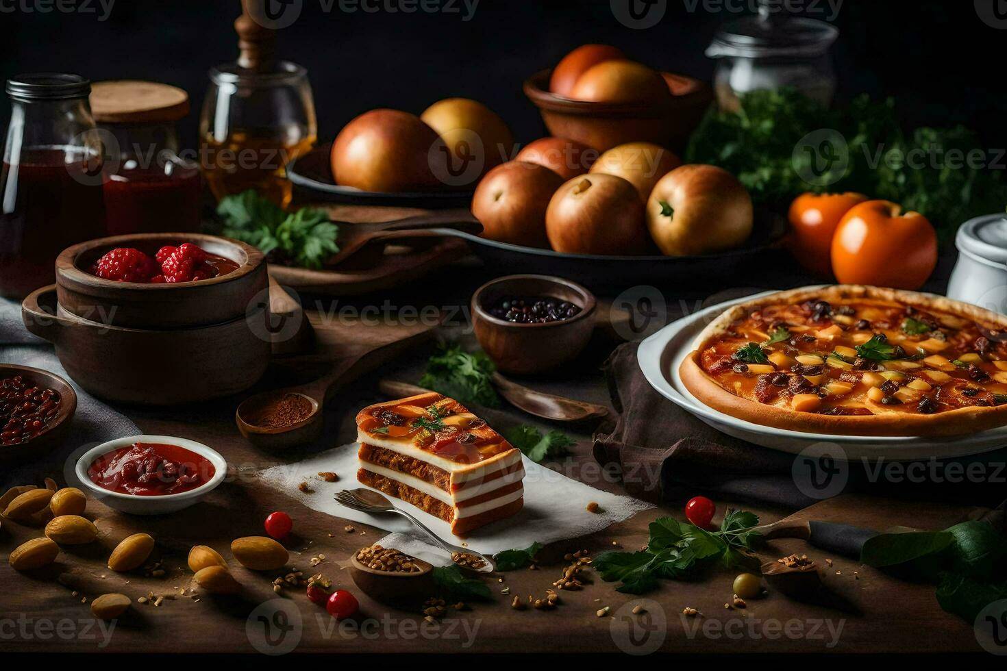 Pizza, frutta e verdure su un' tavolo. ai-generato foto