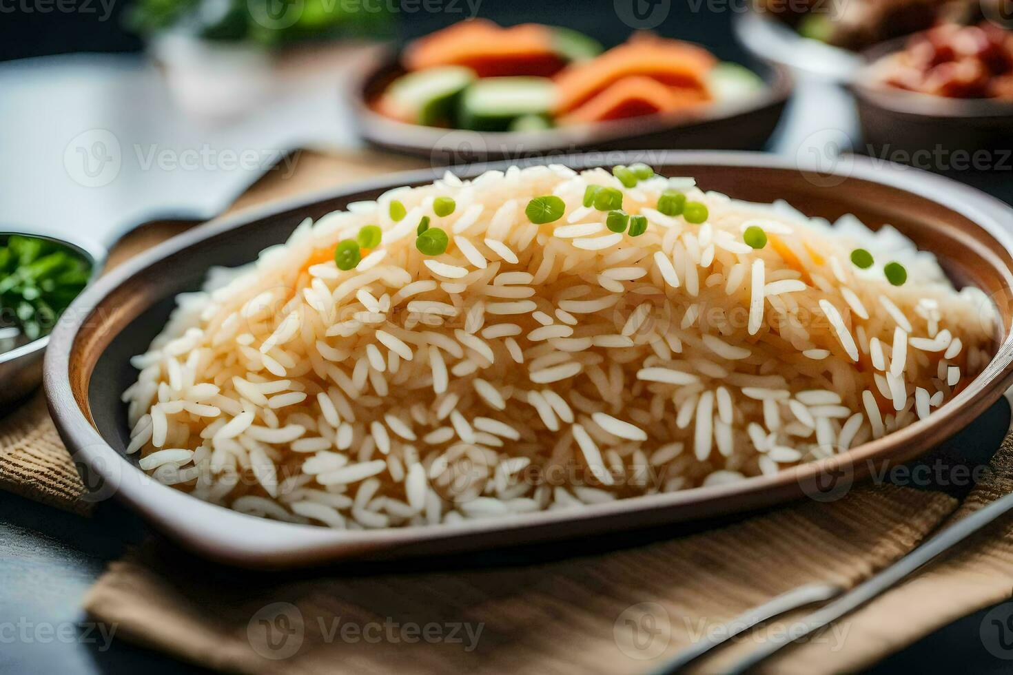 un' piatto di riso con verde cipolle e altro piatti. ai-generato foto