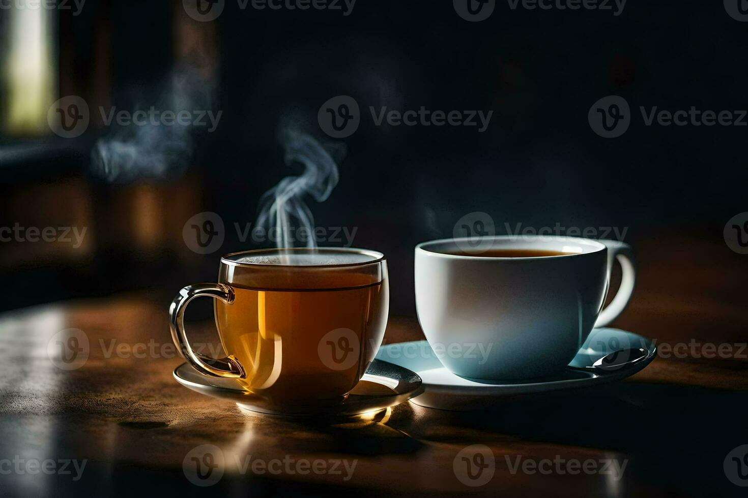 Due tazze di tè sedersi su un' tavolo con vapore. ai-generato foto