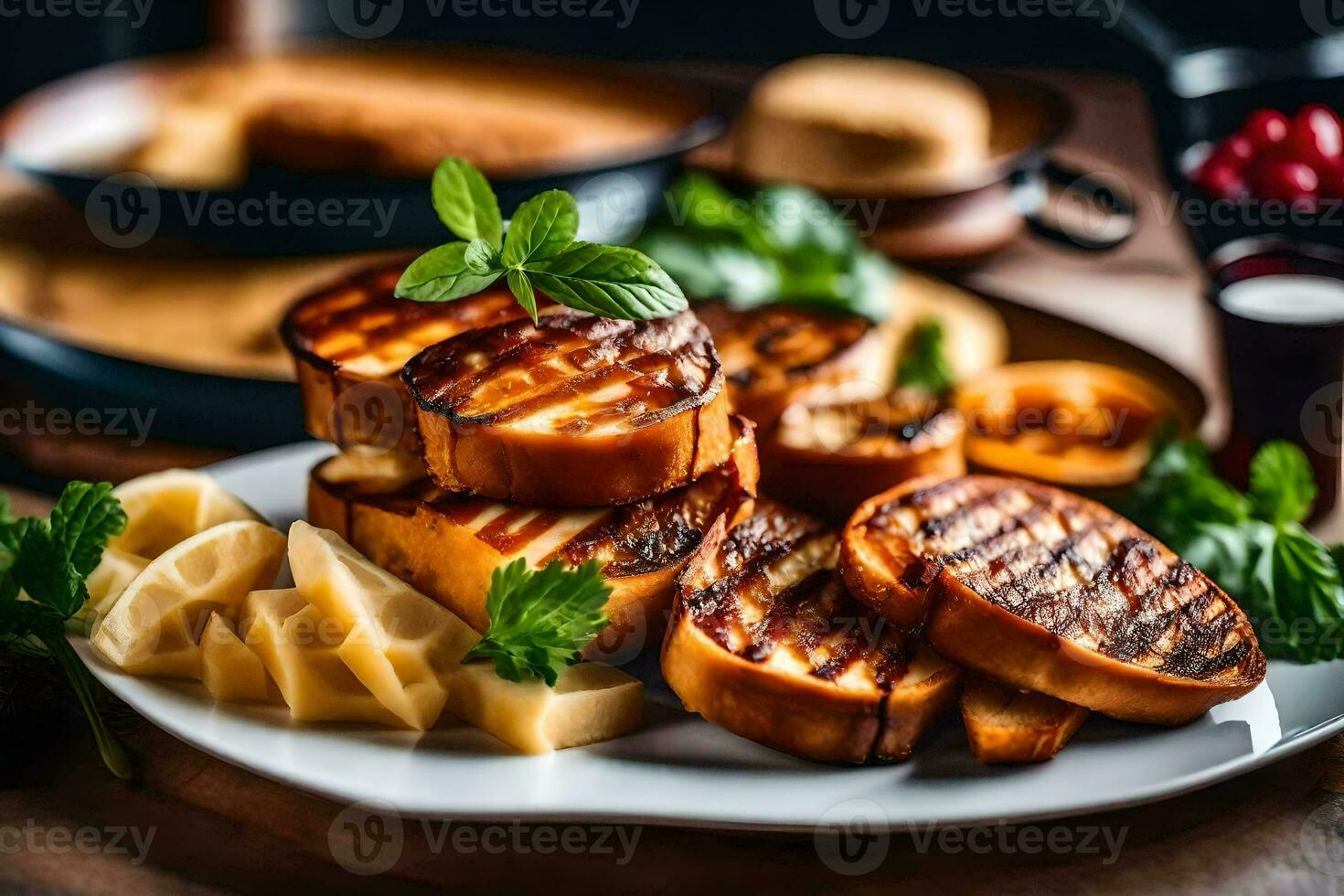 grigliato formaggio su un' piatto con formaggio e pane. ai-generato foto