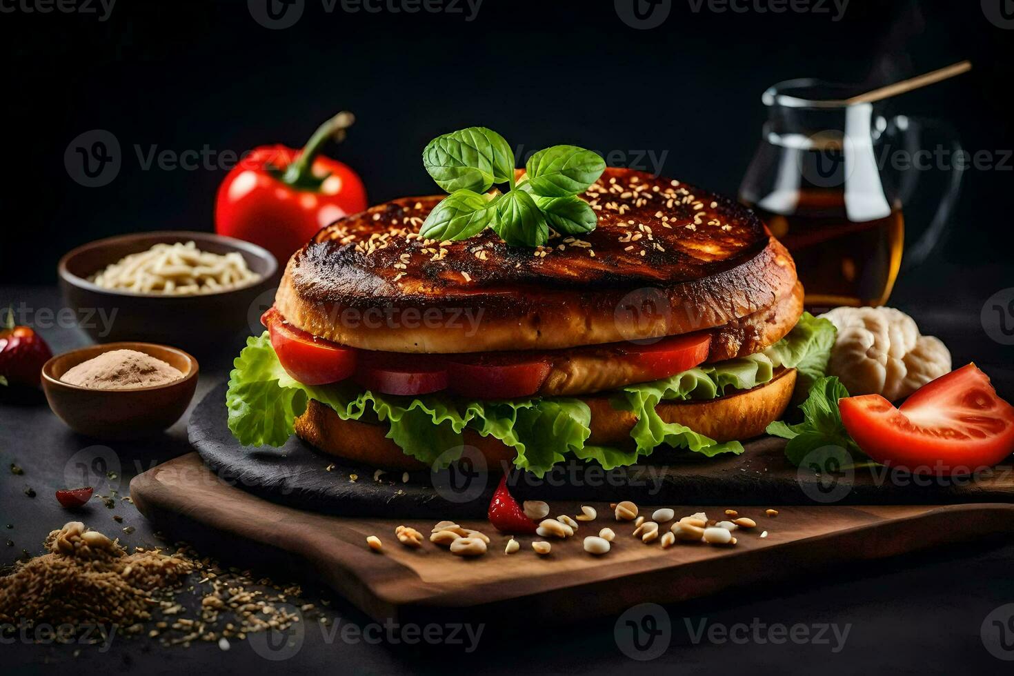 un' Hamburger con pomodori, lattuga e altro ingredienti. ai-generato foto