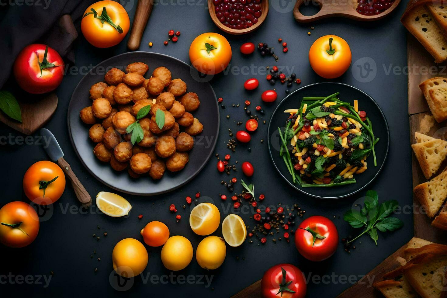 un' varietà di cibo su un' nero sfondo. ai-generato foto