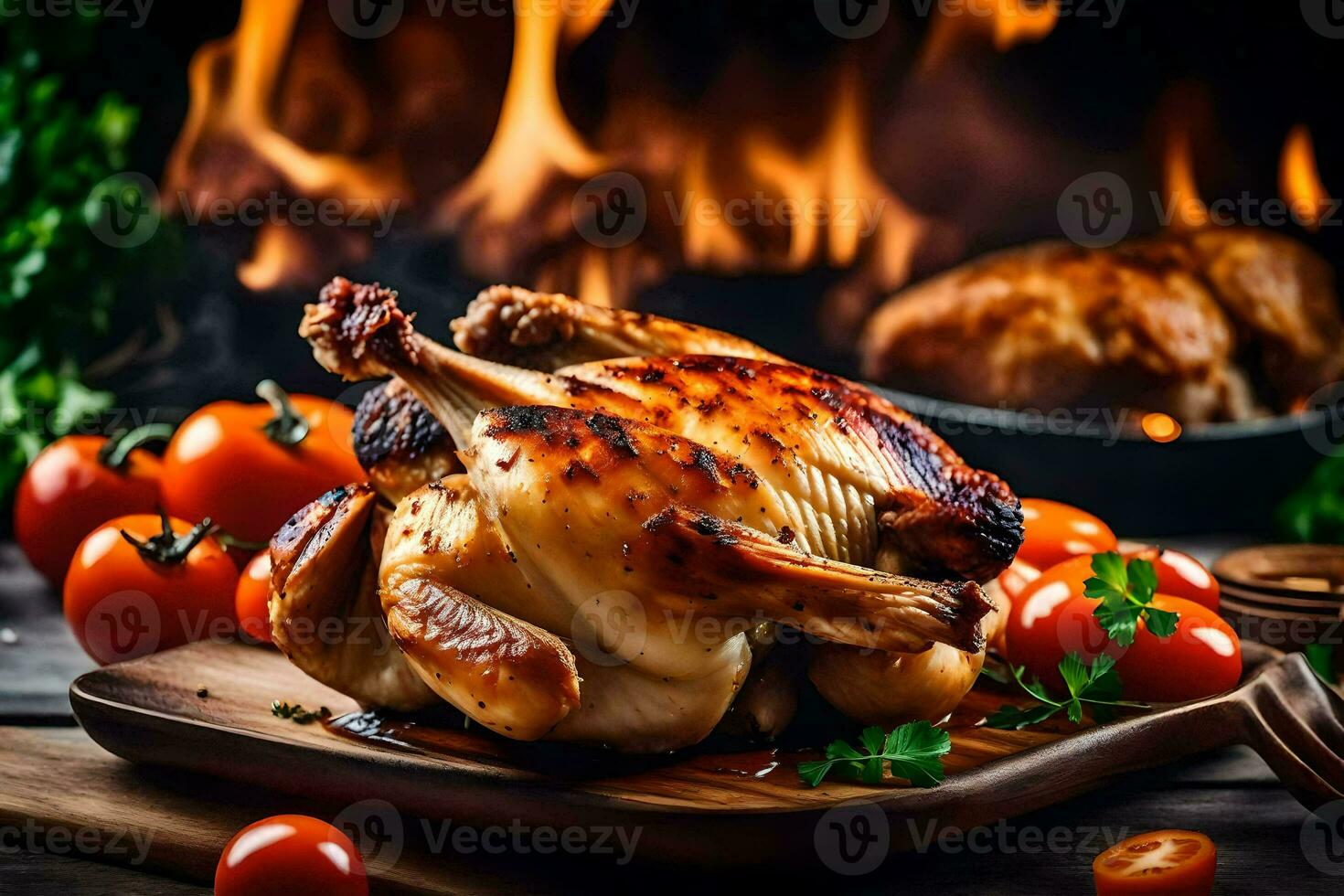 un' arrostito pollo su un' di legno taglio tavola con pomodori e erbe aromatiche. ai-generato foto