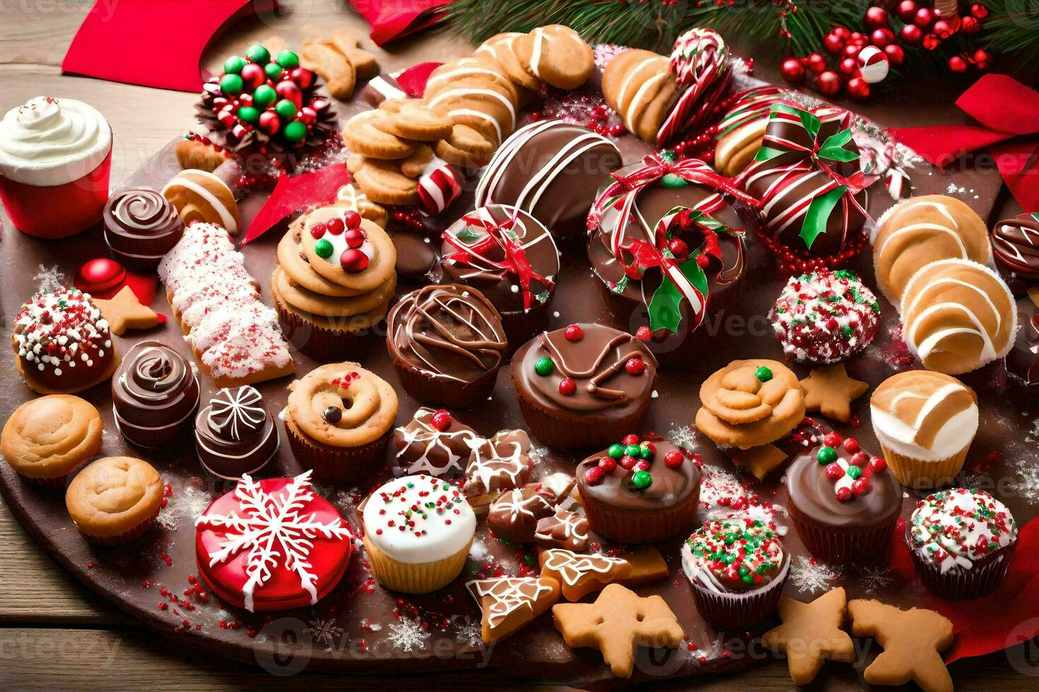 un' grande piatto di Natale biscotti e dolci. ai-generato foto