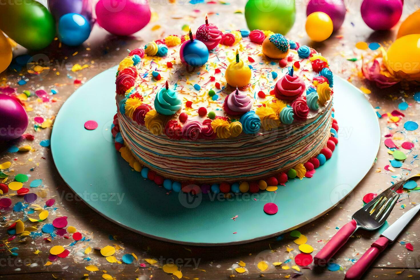un' compleanno torta con colorato decorazioni su un' tavolo. ai-generato foto