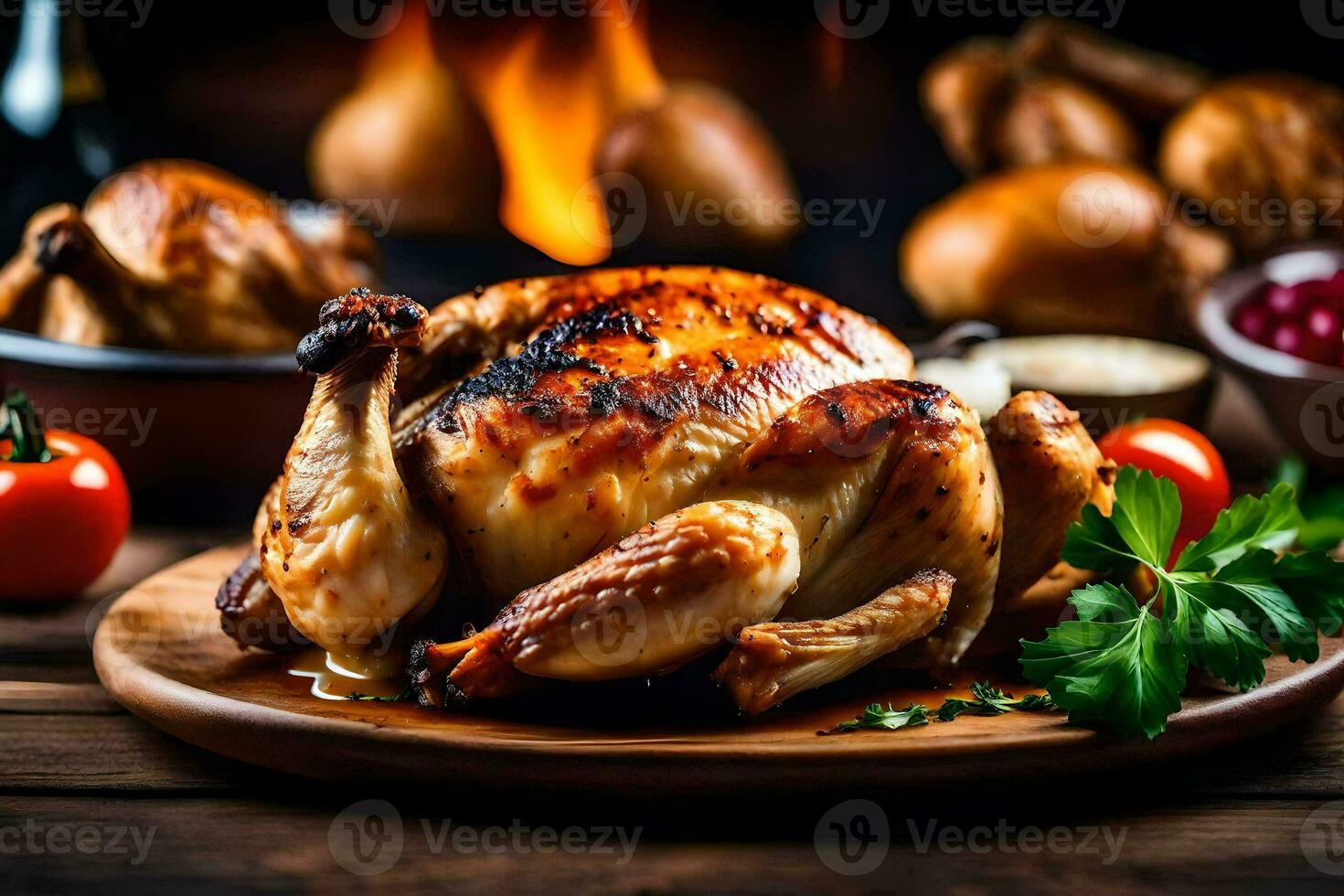 arrostito pollo su un' di legno tavolo con verdure e altro cibo. ai-generato foto