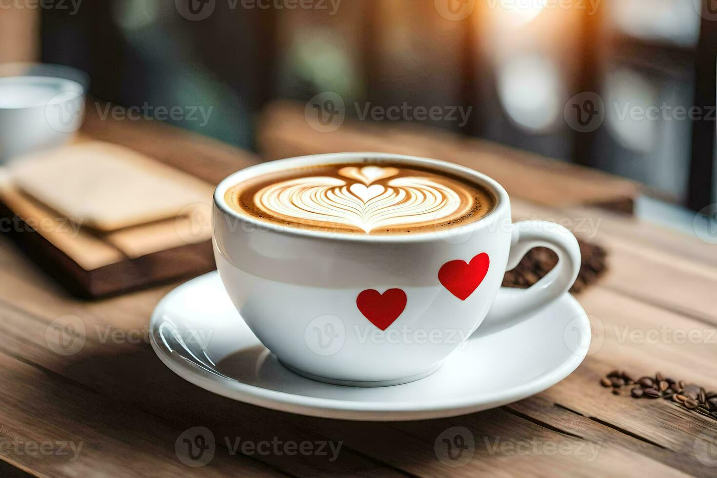 un' tazza di caffè con cuore sagomato latte macchiato arte su un' di legno tavolo. ai-generato foto