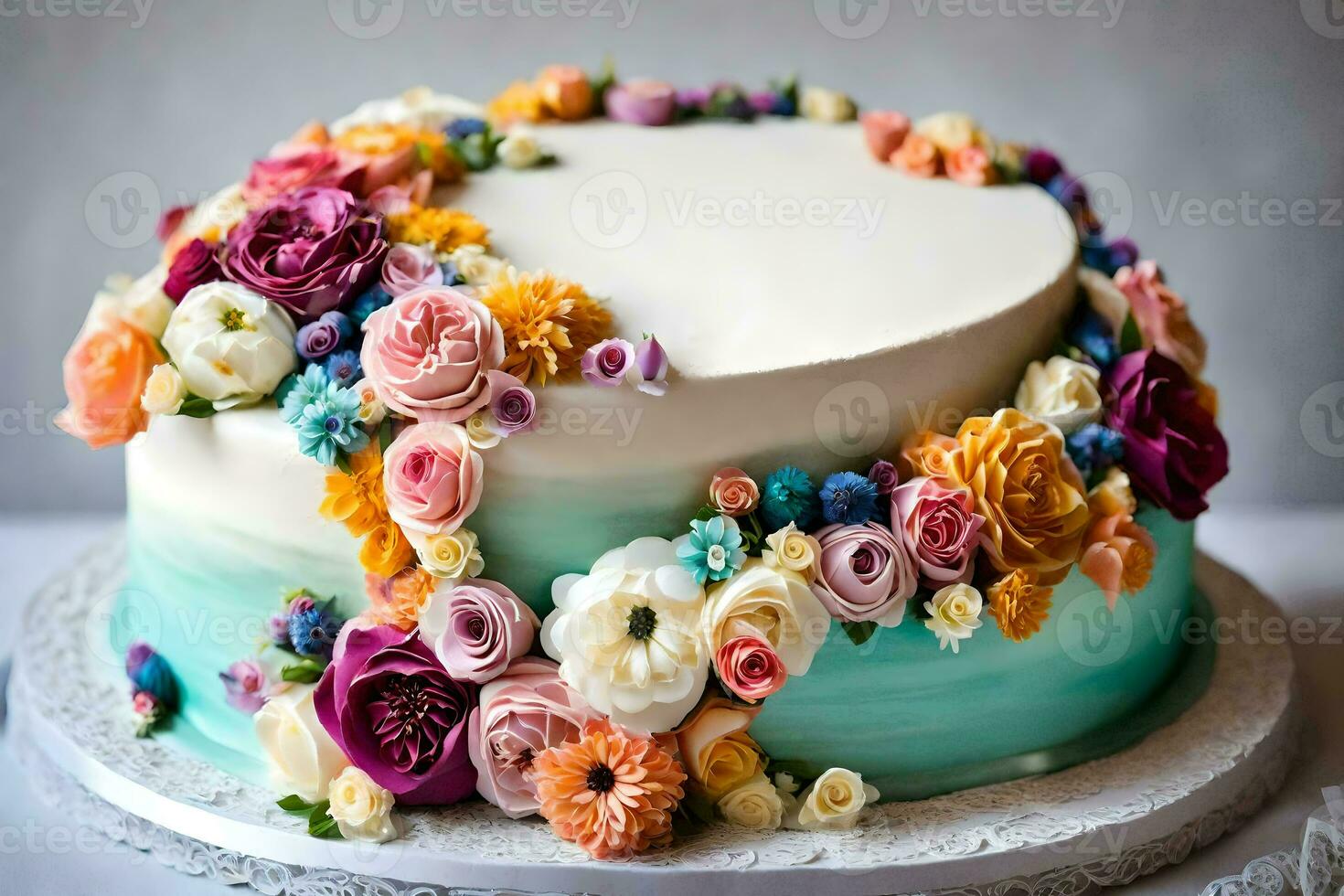 un' torta con colorato fiori su superiore. ai-generato foto