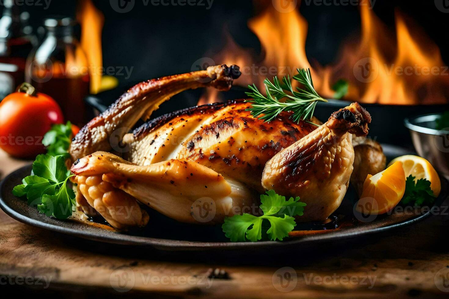 un' arrostito pollo su un' piatto con erbe aromatiche e spezie. ai-generato foto