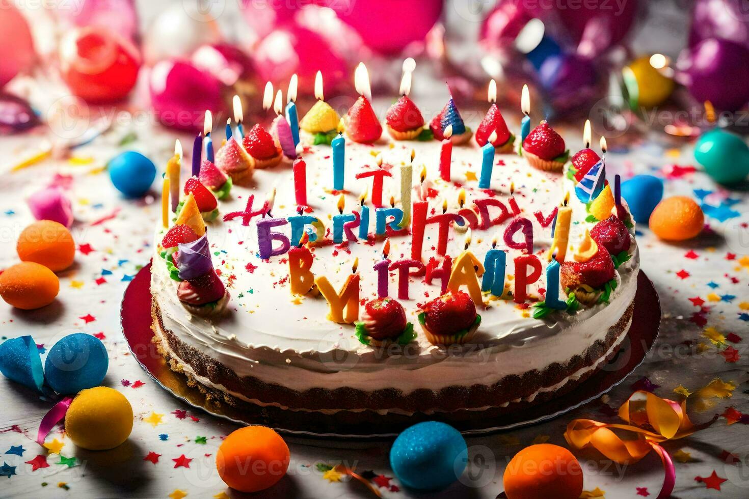 un' compleanno torta con candele e palloncini. ai-generato foto