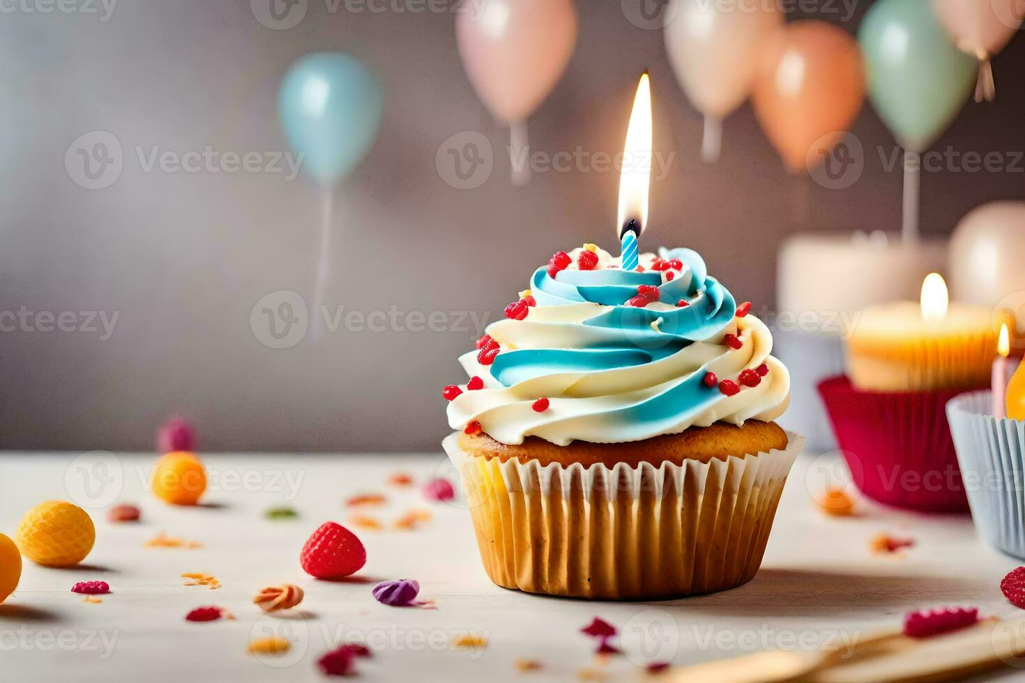 un' Cupcake con un' candela su superiore e colorato coriandoli. ai-generato foto