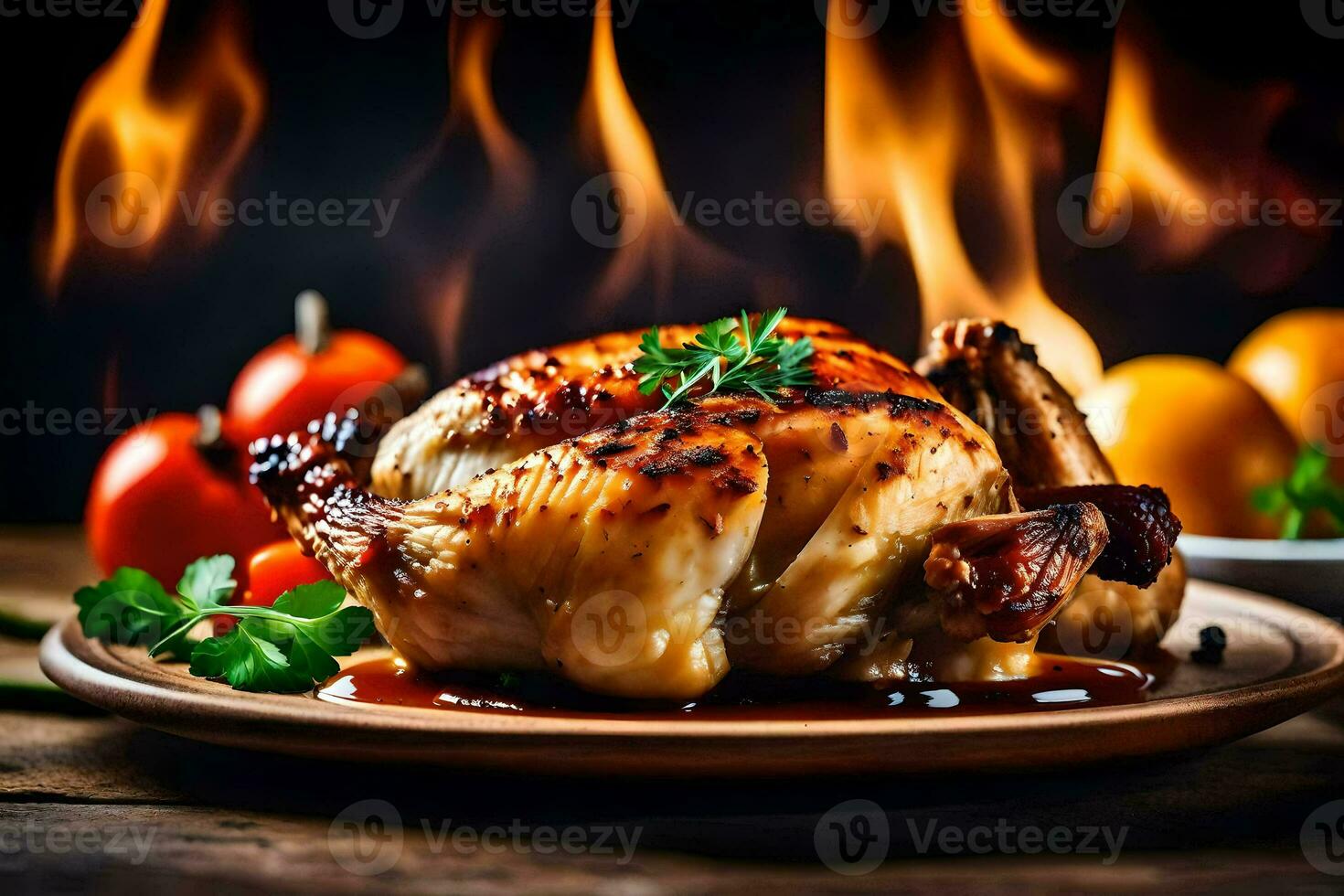 un' pollo è su un' piatto con salsa e verdure. ai-generato foto
