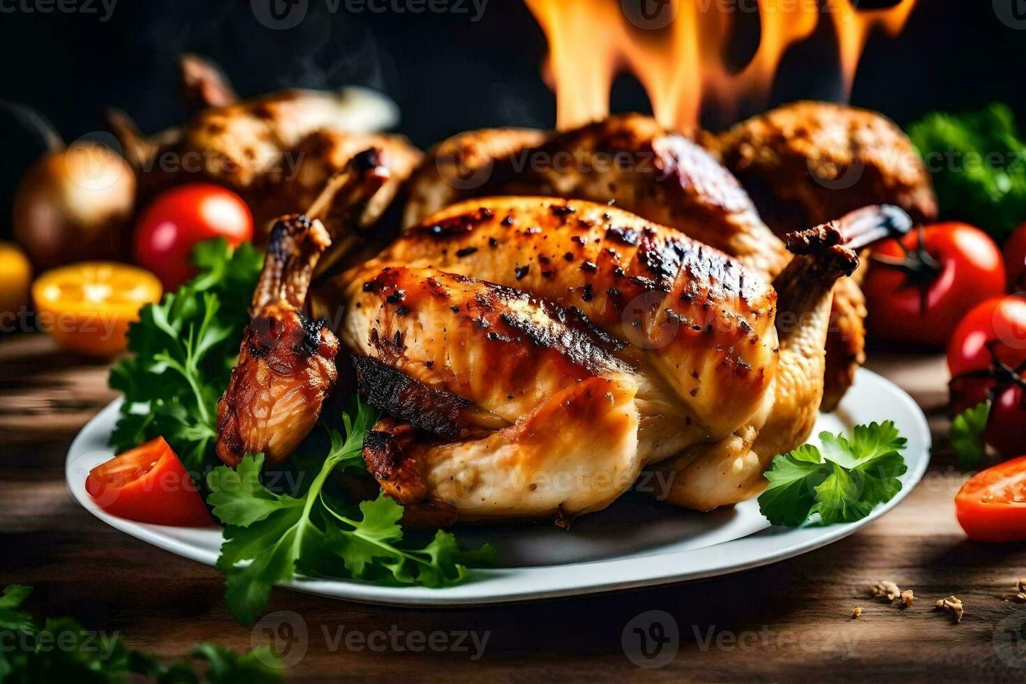 grigliato pollo su un' piatto con verdure e pomodori. ai-generato foto