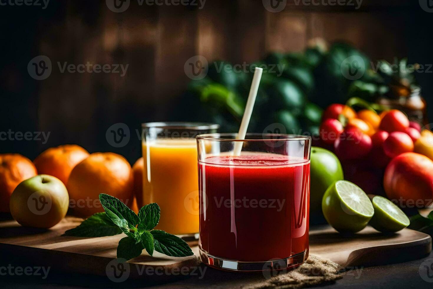 fresco frutta e succo su un' di legno tavolo. ai-generato foto