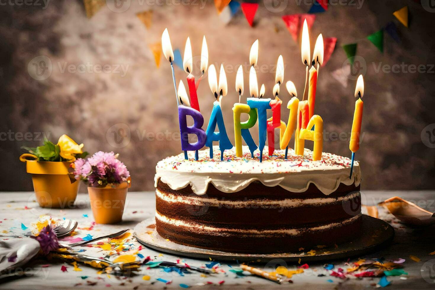 compleanno torta con candele su il tavolo. ai-generato foto