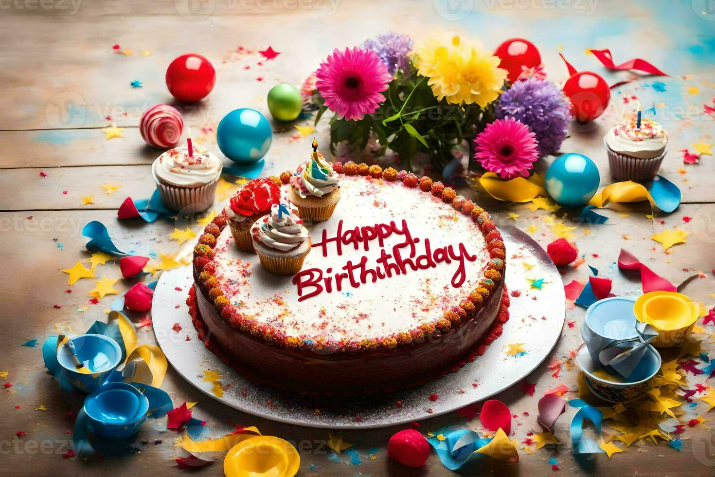 il compleanno torta è decorato con colorato coriandoli e fiori. ai-generato foto