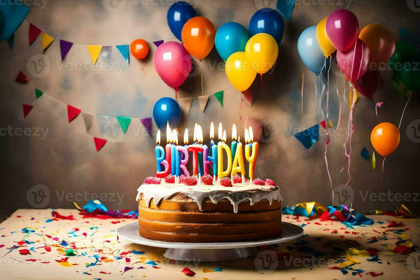 un' compleanno torta con illuminato candele su esso. ai-generato foto