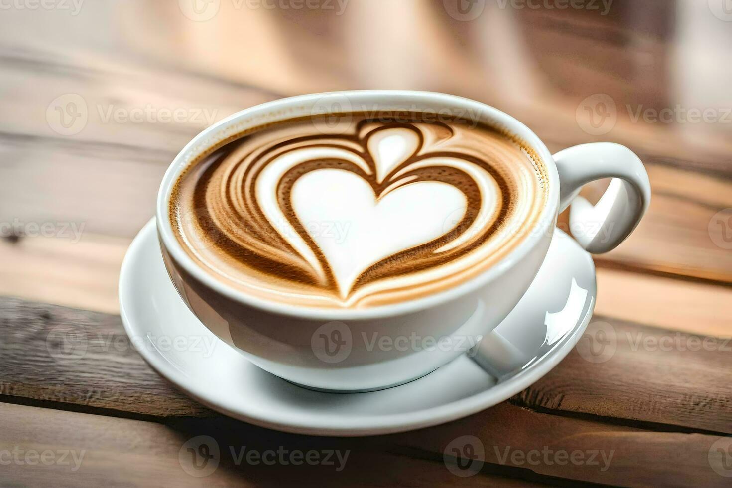 un' tazza di caffè con cuore sagomato latte macchiato arte su un' di legno tavolo. ai-generato foto