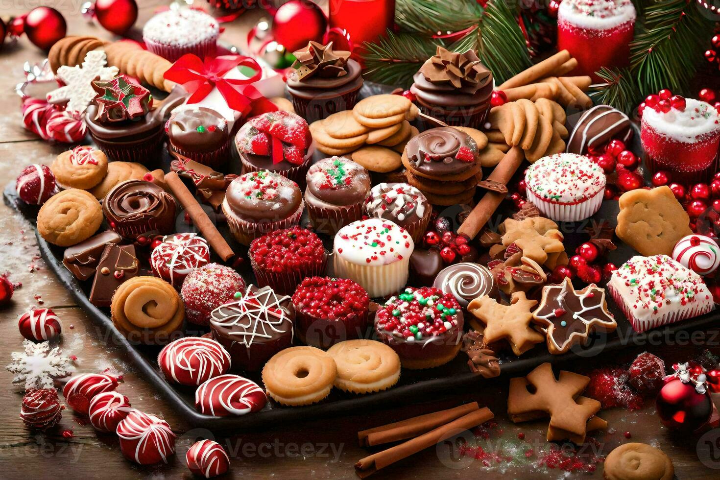 Natale biscotti e dolci su un' vassoio. ai-generato foto