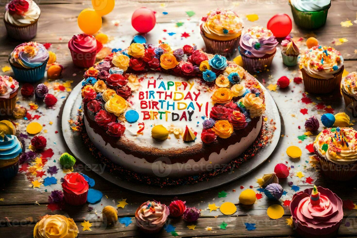 un' compleanno torta con colorato cupcakes e colorato coriandoli. ai-generato foto