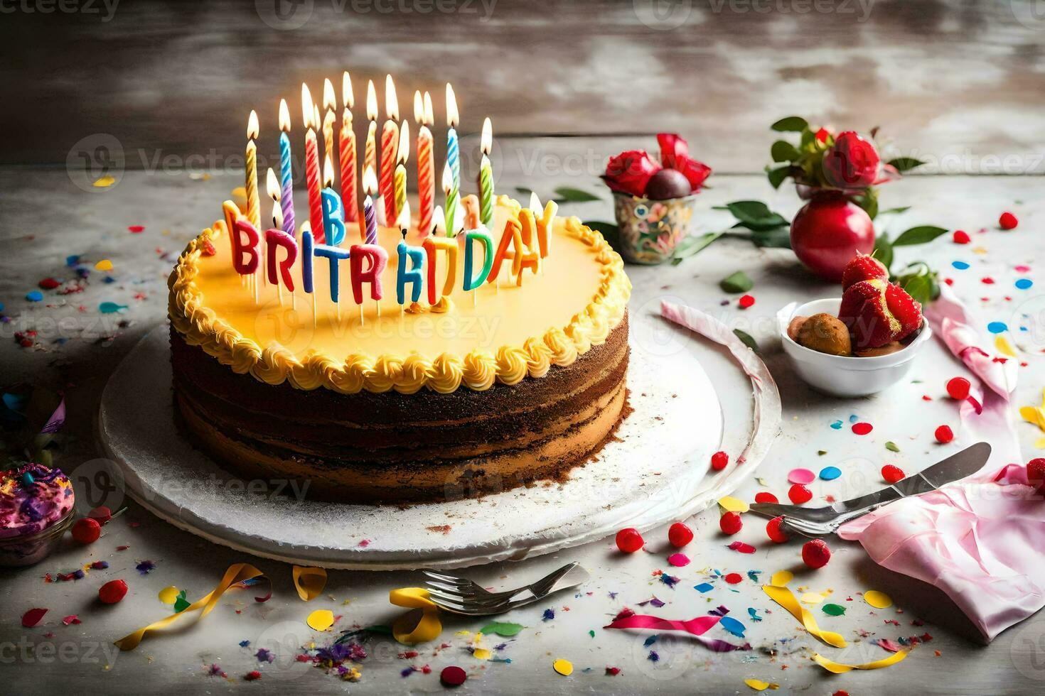 un' compleanno torta con candele su esso. ai-generato foto