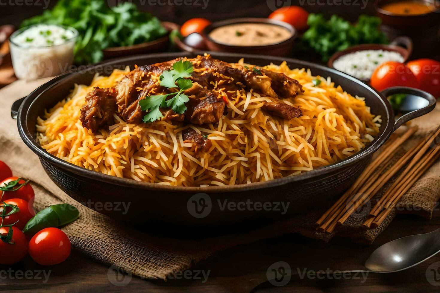 pollo biryani nel un' nero ciotola con pomodori, cipolle e spezie. ai-generato foto