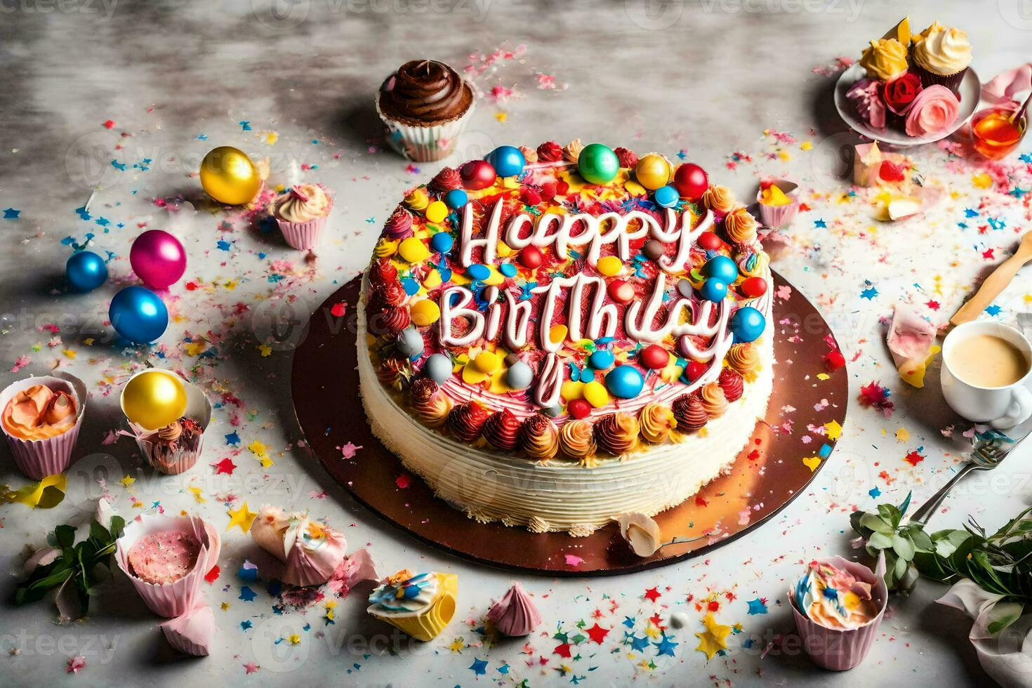 un' compleanno torta con il parola contento compleanno scritto su esso. ai-generato foto