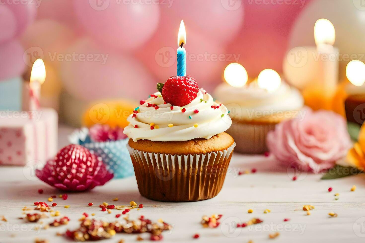 un' Cupcake con un' candela su superiore e un' fragola. ai-generato foto